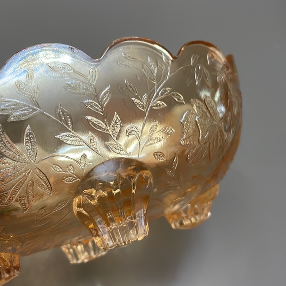 VINTAGE Amber Marigold Luster Carnival Glass Footed Oval Candy Dish iridescent - Picture 7 of 7